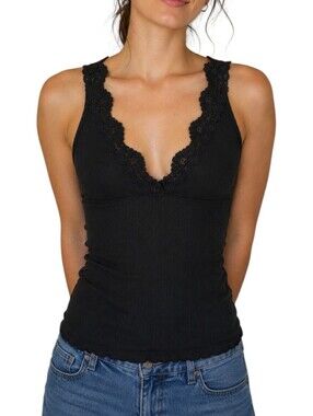Babydoll Tank Top Women Medium Black Lace Pointelle Y2K Fairy